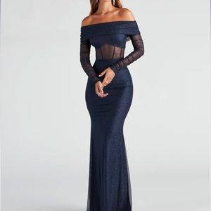 Navy Formal Long Sleeve Dress w/ Sparkles